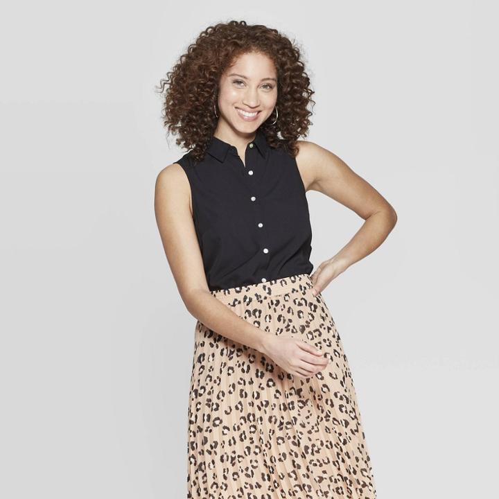 Women's Button Sleeveless V-neck Front Blouse - A New Day Black