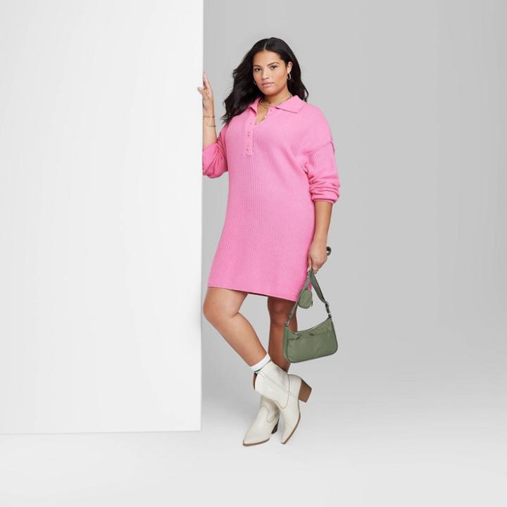 Women's Plus Size Ascot + Hart Long Sleeve Graphic Knit Dress - Pink