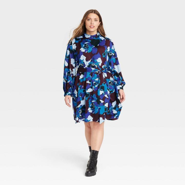 Women's Plus Size Long Sleeve A-line Dress - Who What Wear Jet Black Floral