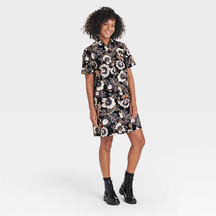 Women's Short Sleeve Button-up Trapeze Dress - Who What Wear M,