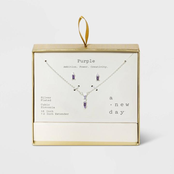 Silver Plated Multi Purple Cubic Zirconia Necklace And Stud Earring Set 2pc - A New Day Purple