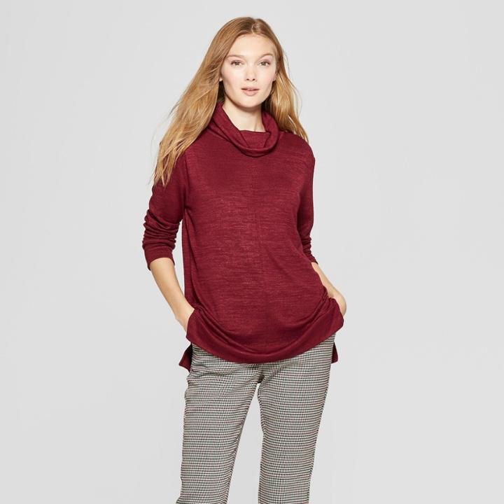 Women's Long Sleeve Cozy Cowl Neck Top - A New Day Burgundy (red)