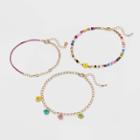 Bead And Flower Cubic Zirconia Chain Anklet Set 3pc - Wild Fable