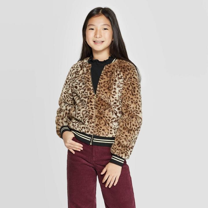 Girls' Faux Fur Animal Bomber Jacket - Art Class Brown