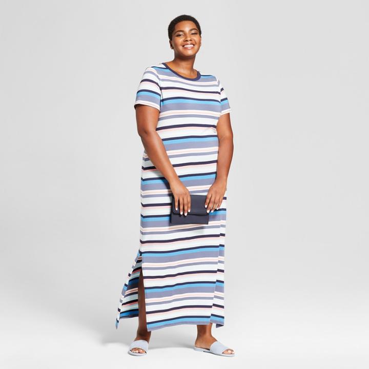 Women's Plus Size Striped T-shirt Maxi Dress - Ava & Viv Blue X