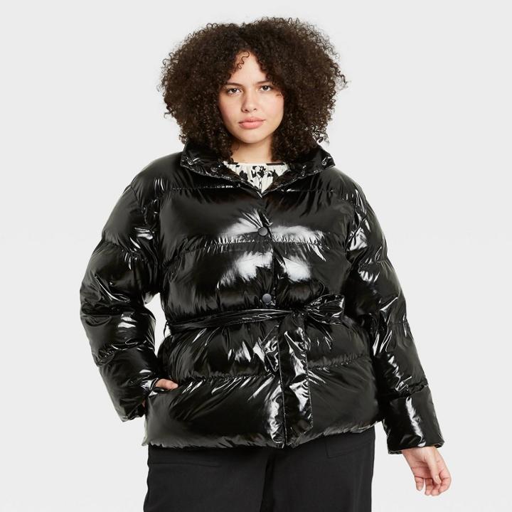 Women's Plus Size Tie Waist Puffer Jacket - Who What Wear Black