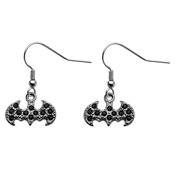 Women's Dc Comics Batman Logo Cut Out Stainless Steel Hook Dangle Earrings With Black Gem - Black