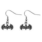 Women's Dc Comics Batman Logo Cut Out Stainless Steel Hook Dangle Earrings With Black Gem - Black
