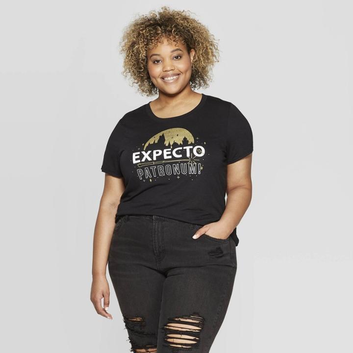 Women's Harry Potter Expecto Patronum Plus Size Short Sleeve Round Neck T-shirt (juniors') - Black