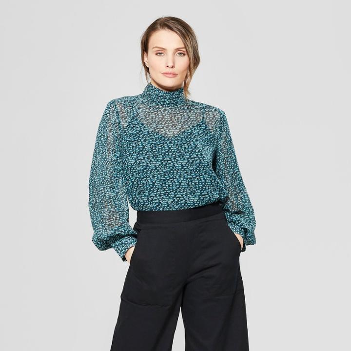 Women's Floral Print Long Blouson Sleeve Mock Neck Blouse - Prologue Green Dot