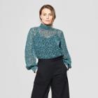 Women's Floral Print Long Blouson Sleeve Mock Neck Blouse - Prologue Green Dot