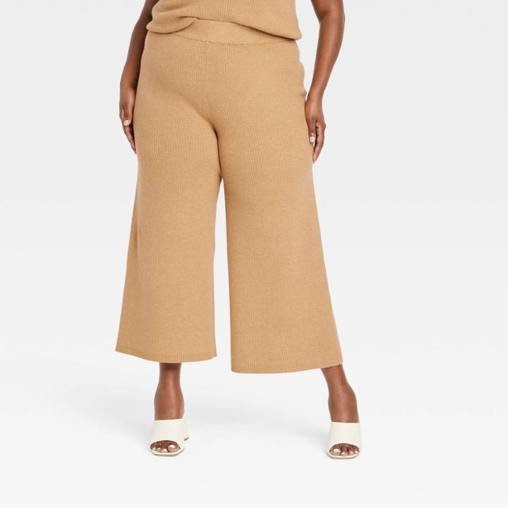 Women's Plus Size High-rise Ribbed Sweater Wide Leg Pants - A New Day Brown