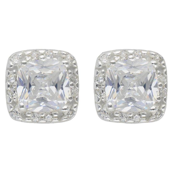 Women's Sterling Silver Button Earrings And Square Halo -