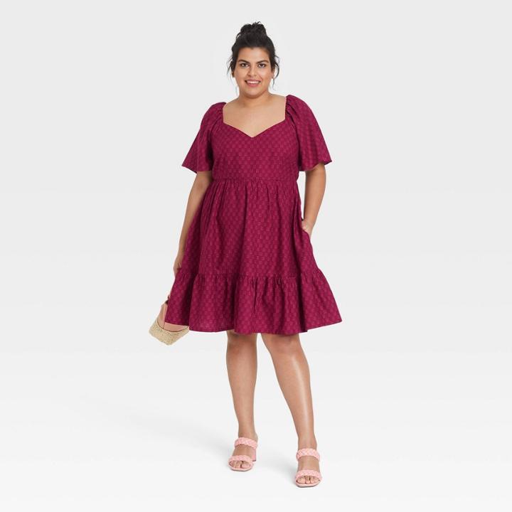 Women's Plus Size Flutter Short Sleeve Tiered Dress - Ava & Viv Burgundy X