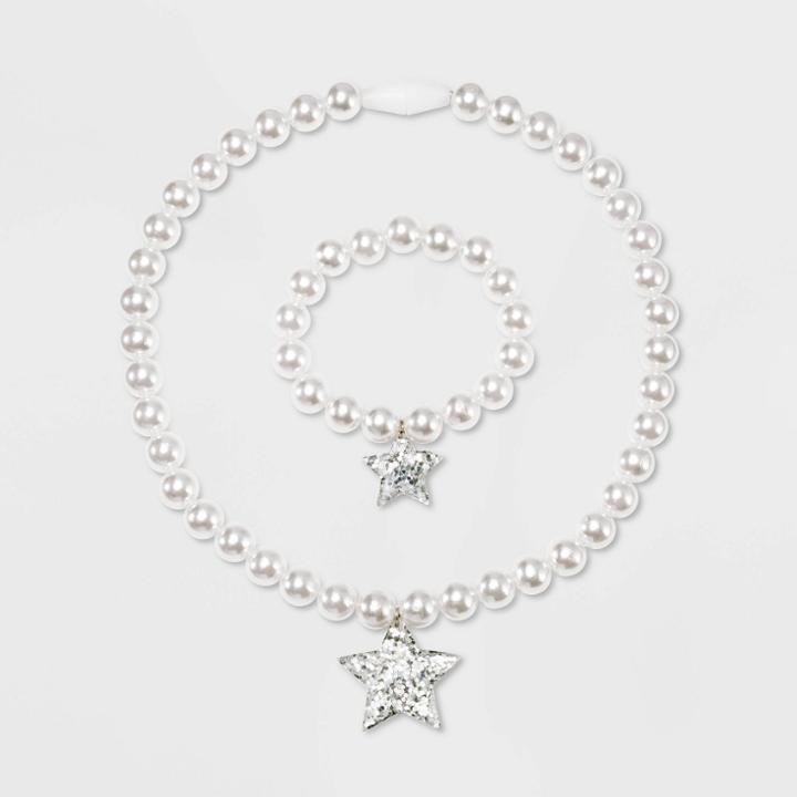 Toddler Girls' Beaded Pearl Necklace And Bracelet Set - Cat & Jack White/silver