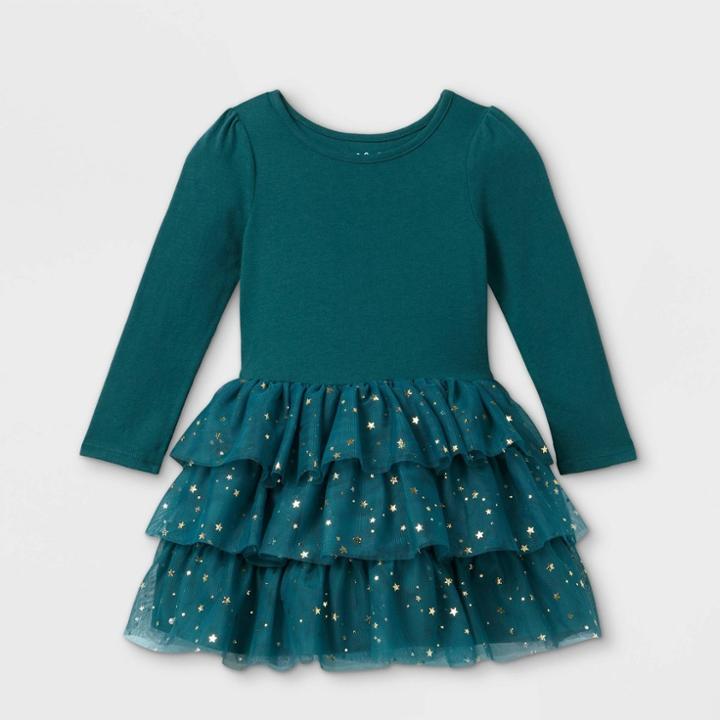 Toddler Girls' Tiered Sparkle Tutu Long Sleeve Dress - Cat & Jack Teal