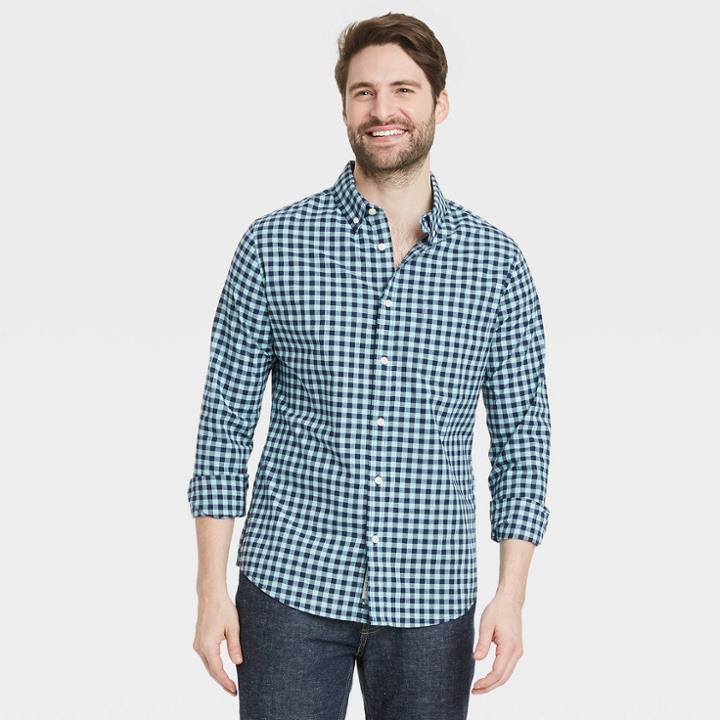 Men's Plaid Slim Fit Stretch Poplin Long Sleeve Button-down Shirt - Goodfellow & Co Green