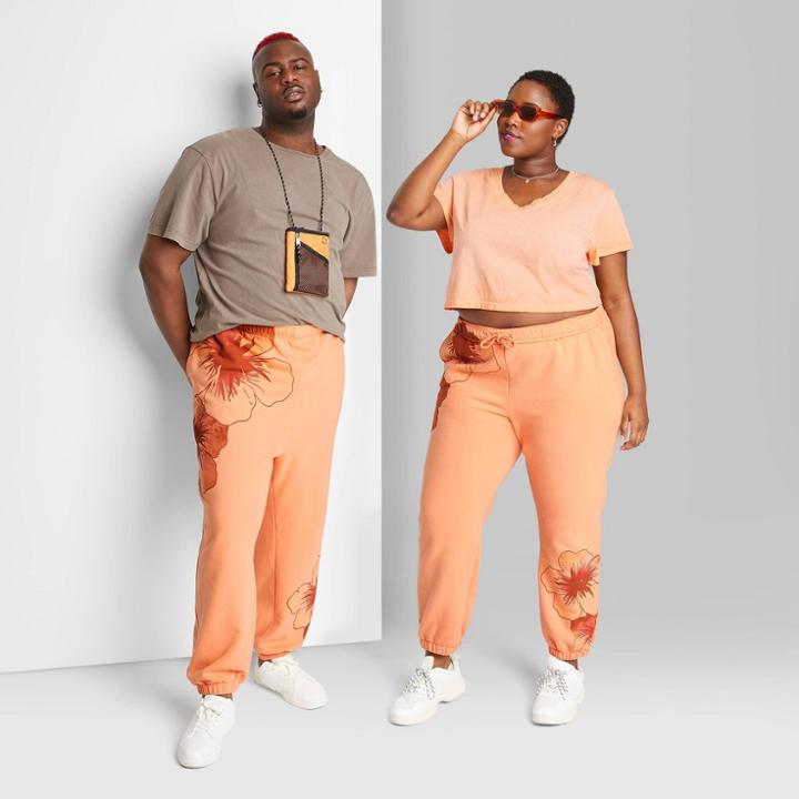 Plus Size Mid-rise Fleece Sweatpants - Wild Fable Peach Orange Floral
