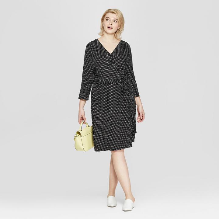 Women's Plus Size Polka Dot 3/4 Sleeve Wrap Midi Dress - Ava & Viv Black/white X