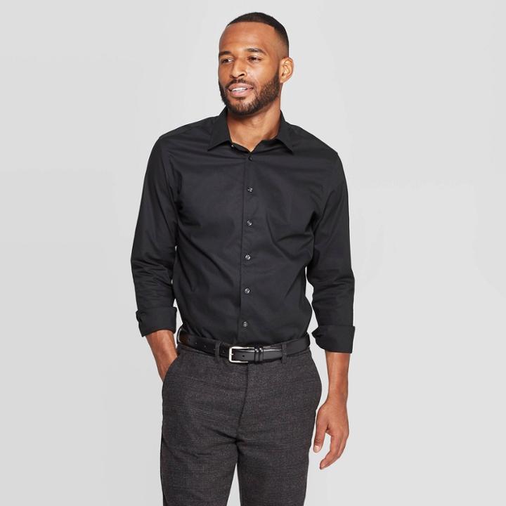 Men's Standard Fit Long Sleeve Dress Button-down Shirt - Goodfellow & Co Black M,