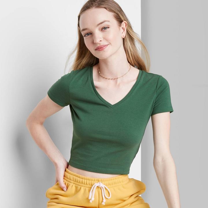 Women's Short Sleeve V-neck Cropped T-shirt - Wild Fable Dark Green