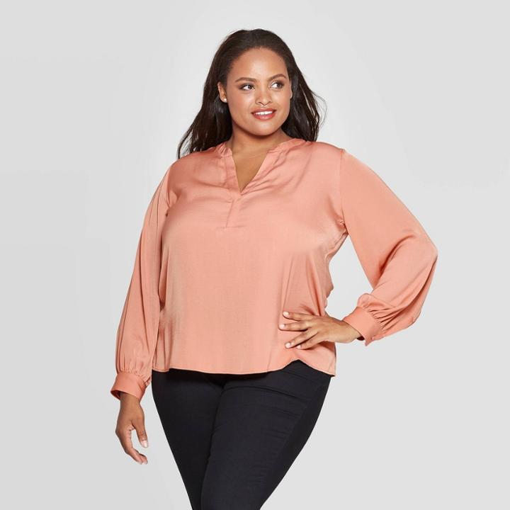 Women's Plus Size Long Sleeve V-neck Popover Top - Ava & Viv Peach (pink)