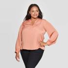 Women's Plus Size Long Sleeve V-neck Popover Top - Ava & Viv Peach (pink)