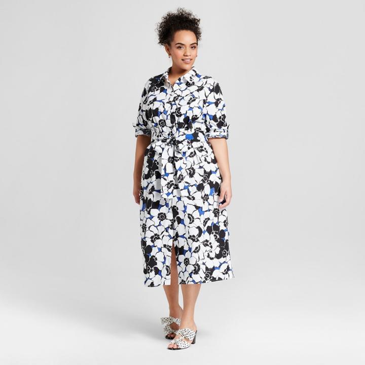 Women's Plus Size Floral Print Long Sleeve Midi Shirt Dress - Who What Wear White/black 2x, White/black Floral