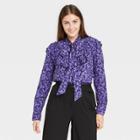 Women's Floral Print Ruffle Long Sleeve Dramatic Blouse - A New Day Dark Purple