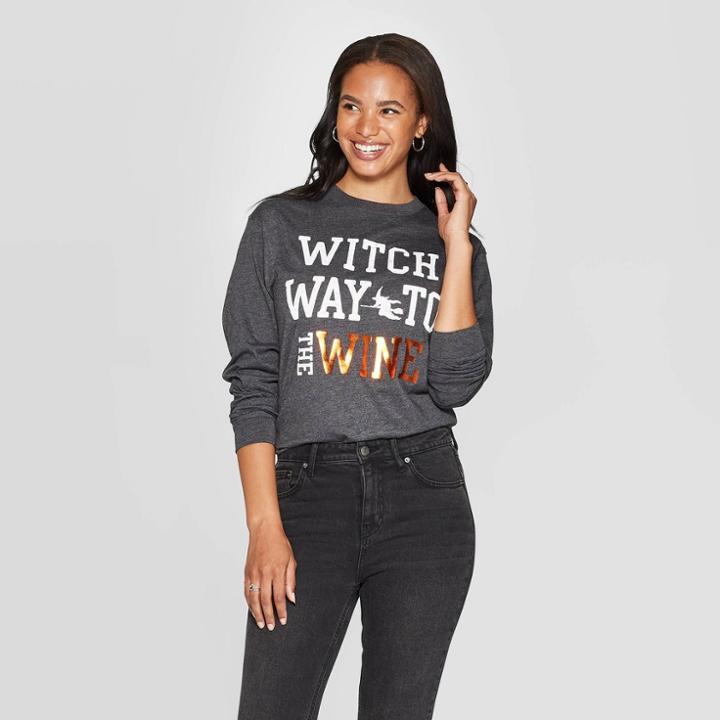 Modern Lux Women's Witch Way Wine Long Sleeve T-shirt - Charcoal L, Size: