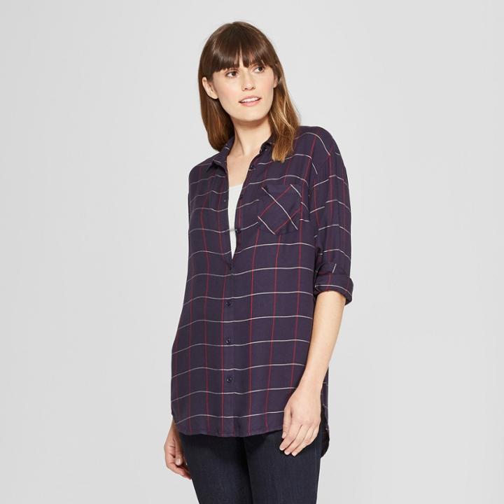 Women's Any Day Plaid Long Sleeve Tunic - A New Day Navy
