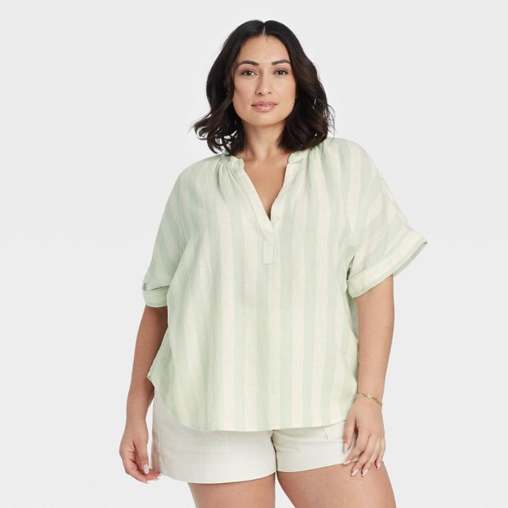 Women's Plus Size Striped Short Sleeve Top - A New Day Green