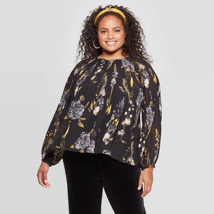 Women's Plus Size Floral Print Ruffle Long Sleeve Round Neck Blouse - A New Day Black/blue X, Women's, Black Blue