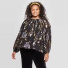 Women's Plus Size Floral Print Ruffle Long Sleeve Round Neck Blouse - A New Day Black/blue X, Women's, Black Blue