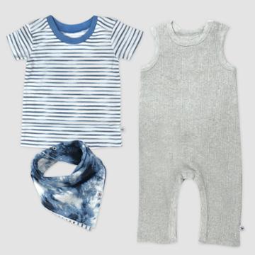 Honest Baby 3pc Ribbed Romper T-shirt & Bandana Bib Set - Heather Gray Newborn