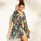 Women's Tie Front Kimono Cover Up - Cover 2 Cover Black Palm Xs,