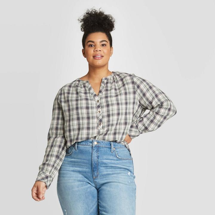 Women's Plus Size Striped Long Sleeve V-neck Button Front Tunic - Universal Thread Green 1x, Women's, Size: