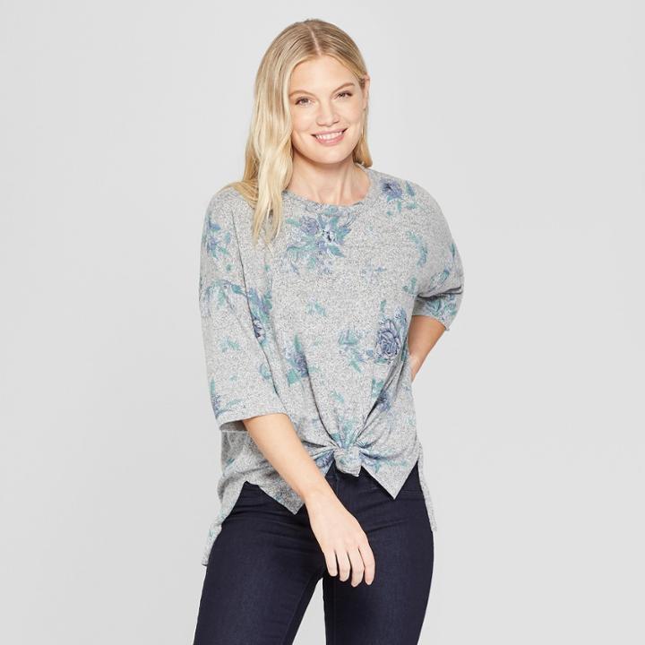 Women's Floral Print Long Sleeve Knot Front Sweatshirt - Knox Rose Gray