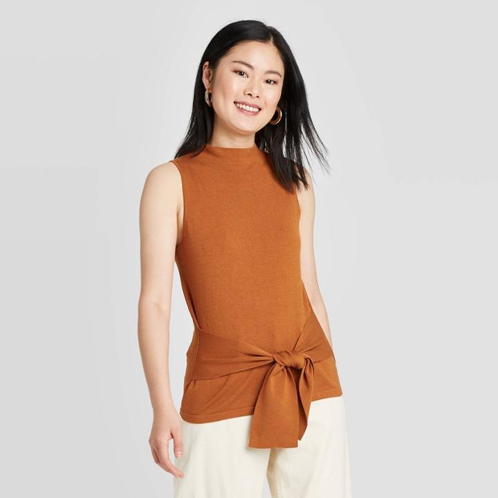 Women's Crewneck Tie Waist Sweater Tank - A New Day Brown