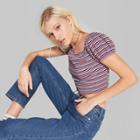 Women's Striped Short Balloon Sleeve Cropped Top - Wild Fable Purple M,