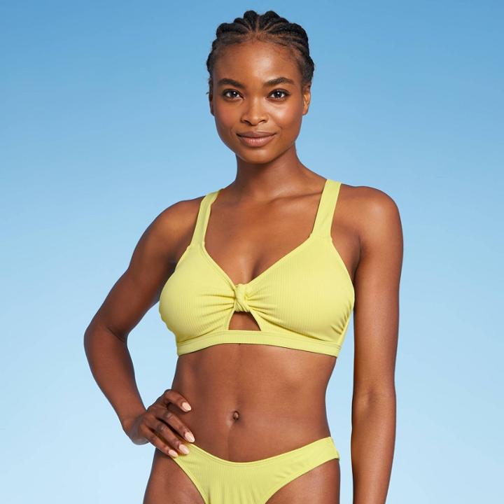 Juniors' Ribbed Knot-front Bralette Bikini Top - Xhilaration Light Yellow D/dd Cup