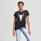 Women's Longhorn Cow Skull Short Sleeve Tie Knot T-shirt - Grayson Threads (juniors') - Black