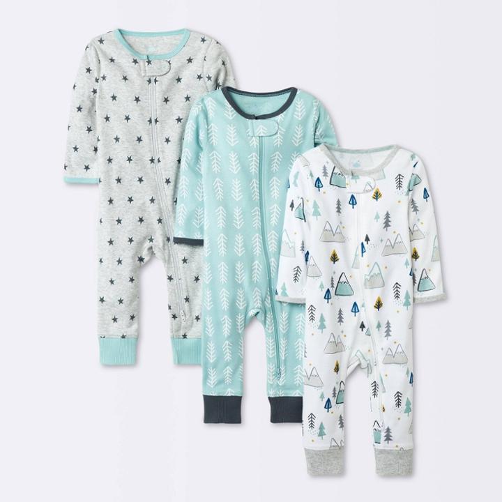 Baby Boys' 3pk Adventure Awaits Zip-up Pajama Romper - Cloud Island Mint Green