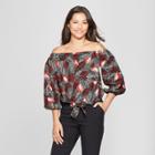 Women's Printed 3/4 Sleeve Off The Shoulder Tie Front Blouse - A New Day Burgundy/red
