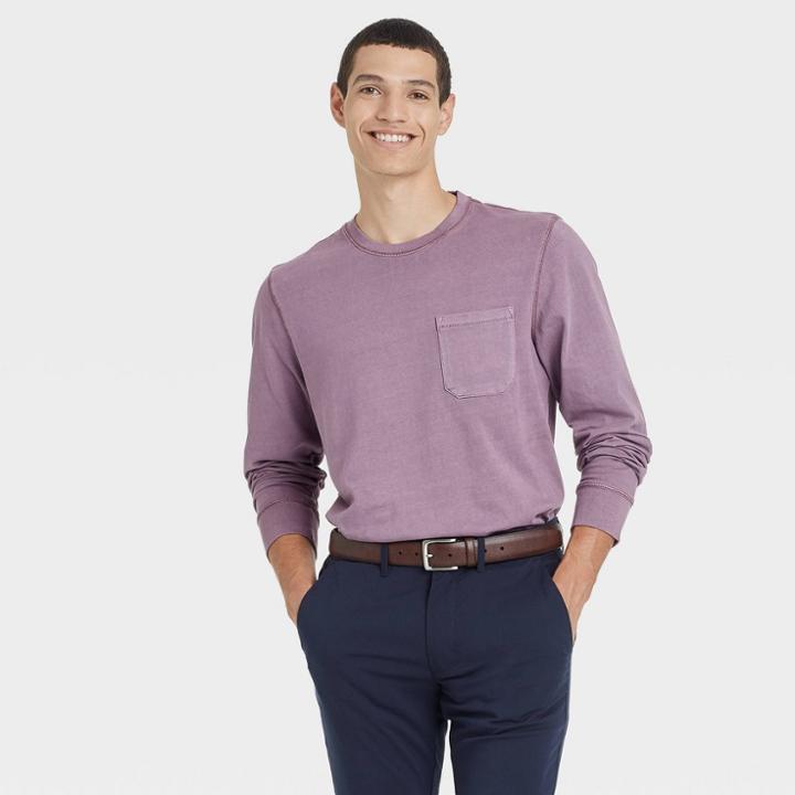Men's Standard Fit Long Sleeve Crewneck T-shirt - Goodfellow & Co Rose Pink
