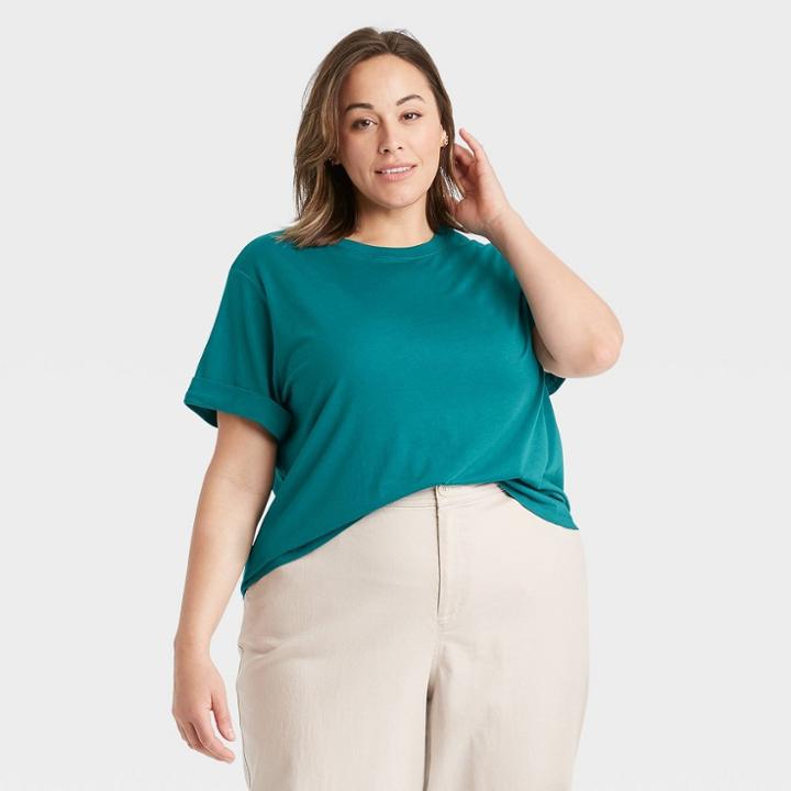 Women's Plus Size Short Sleeve Cuff T-shirt - A New Day Teal