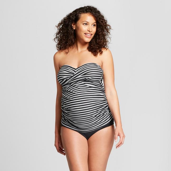 Maternity Striped Wrap Bandeau Tankini - Isabel Maternity By Ingrid & Isabel Black/white S D/dd Cup, Women's