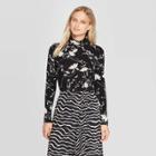 Women's Floral Print Long Sleeve Mock Turtleneck T-shirt - Who What Wear Black