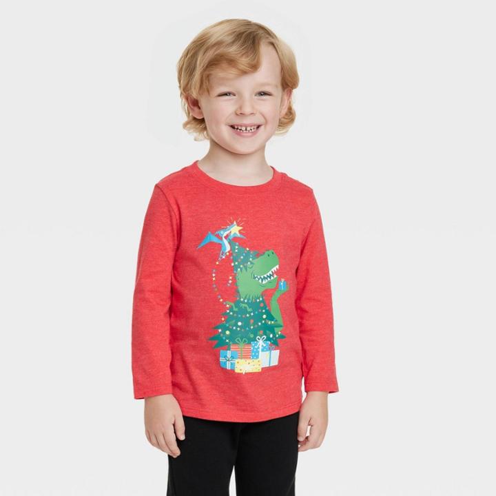 Toddler Boys' T-rex Christmas Tree Long Sleeve Graphic T-shirt - Cat & Jack Red