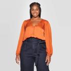 Women's Plus Size Relaxed Fit Long Sleeve V-neck Covered Button Blouse - Ava & Viv Rust